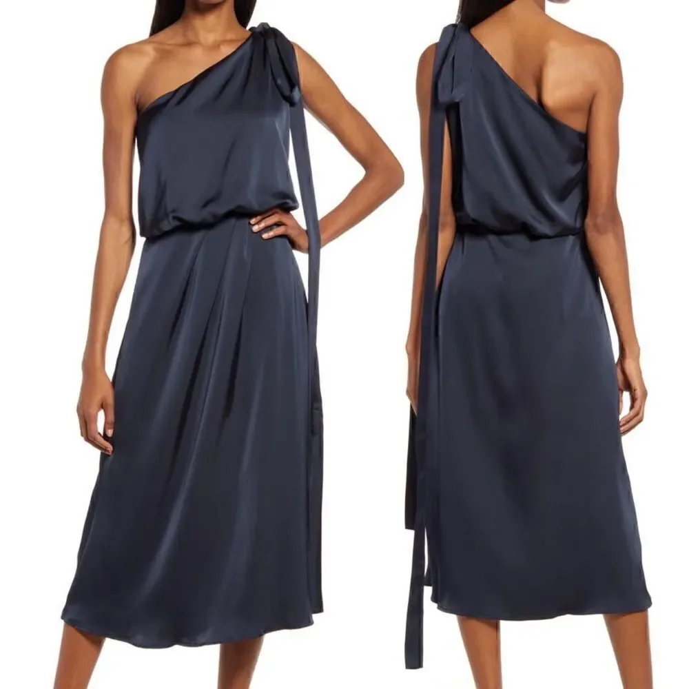 AMY LYNN One-Shoulder navy blue  Satin Dress NWOT size small